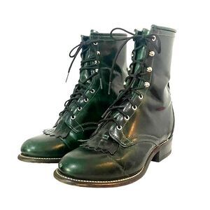 Laredo Leather Kiltie Logger Boots Dark Emerald Green Lace-Up Women’s Size 6
